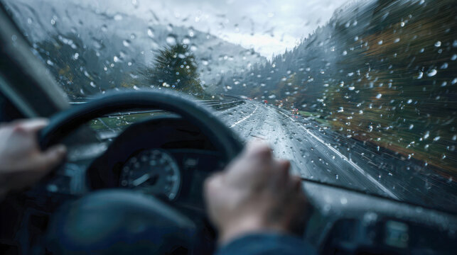 Close-up view of person driving through a rainy mountainous road with blurred landscape and water droplets on windshield under overcast skies