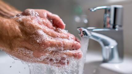 Fototapeta premium Close-up of hands thoroughly washing with soap under running water from a modern bathroom sink faucet promoting hygiene and cleanliness practices