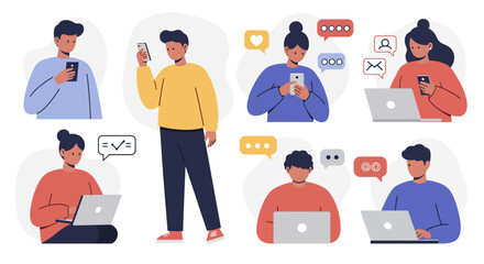 Young adults using smartphones and laptops, engaging in online communication and social media.