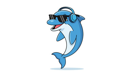 Naklejka premium Cartoon dolphin wearing sunglasses and headphones, joyful expression.