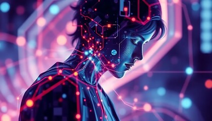 Digital humanoid profile with neon circuitry