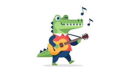 Obraz premium Cartoon alligator playing a guitar, wearing a red vest and blue pants, with musical notes floating above.