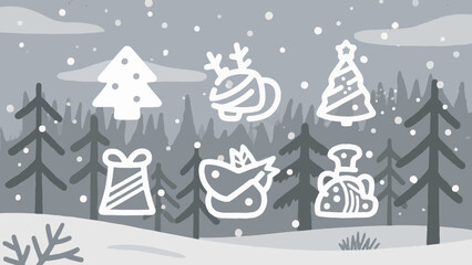 Christmas winter landscape with snow falling and festive holiday icons