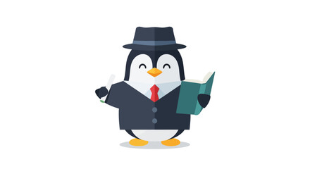 Animated penguin wearing a suit and hat, holding a book and giving a thumbs up.