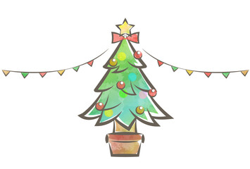 素朴なクリスマスツリーの鉢植え、丸い飾りとリボン、太く強弱のある線とざっくりとした水彩風の塗りのイラスト