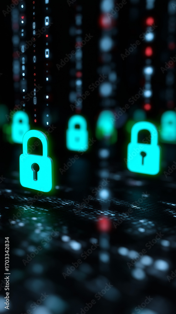 Poster digital padlock icons glowing in cyber security network.