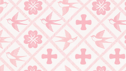 Fototapeta premium Pink pattern with birds, flowers, and crosses on a white background