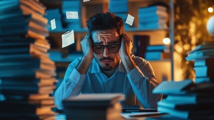 A worker at a computer with a visibly stressed expression on blurred background
