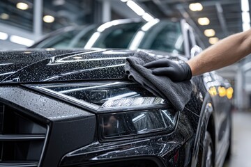 Hand Drying Black Car Hood In Detailing Shop