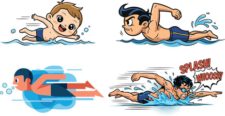 Fototapeta premium Cartoon swimmers in action, swimming strokes, splash effects, water sport, dive, motion, technique, athletic, fun, comic style, underwater, freestyle, swim, character design, dynamic pose
