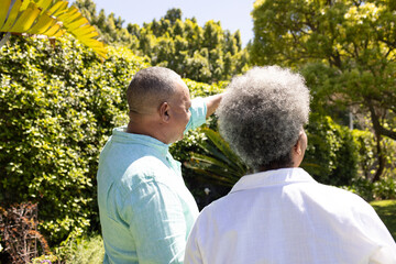 Senior couple enjoying sunny day in garden, admiring beautiful greenery together