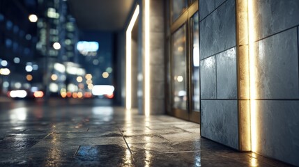 Urban Street Scene At Night With Wet Pavement And Illuminated Building