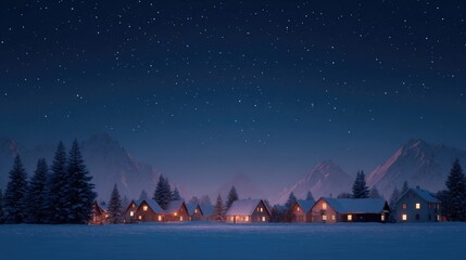 Charming winter village illuminated by cozy lights under starry