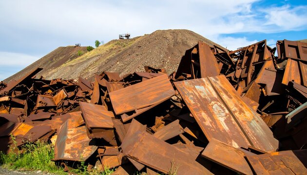 Rusty metal scraps piled high against a brown mountain