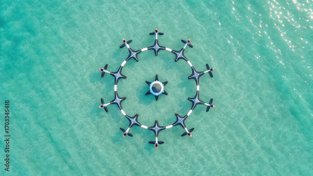 Poster ocean robotics for cleanup aerial view of a unique circular formation of structures in turquoise wat