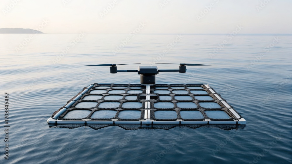 Poster ocean robotics for cleanup floating platform with a drone above, set against a tranquil sea backdrop
