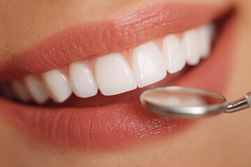 close up of female mouth with dental tools