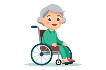 Cartoon elderly Asian woman with gray hair is sitting in her wheelchair happily