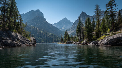 Calm lake surrounded by rocky shores and tall pine trees under a clear blue sky day