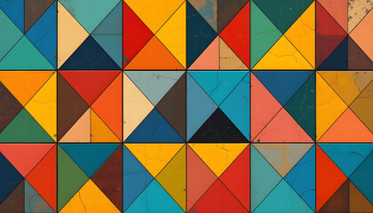 Geometric mosaic tiles with bold primary colors and clean outlines, retro illustration style.
