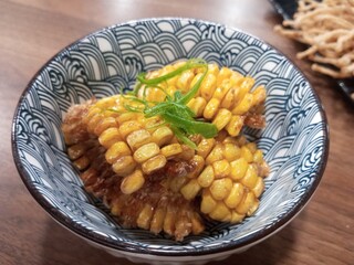 Close-up of golden fried corn kernels served in a patterned bowl, topped with fresh green onion garnish. Perfect for Asian cuisine, street food, and appetizer themes.
