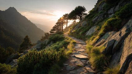 A scenic mountain trail winding through rocks and trees at sunset with a mountain view