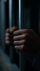 Prisoner holding jail bars with both hands. 
