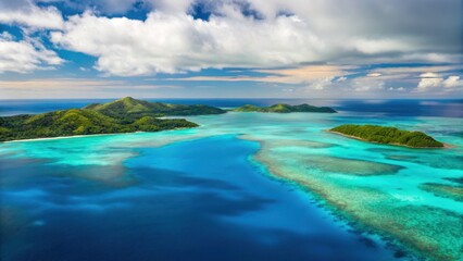 ocean sustainability project Aerial view of turquoise waters surrounding lush green islands under a partly cloudy sky.