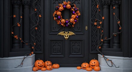 Spooky Halloween door decoration with pumpkin garland, jack-o'-lanterns, and gothic bat knocker creates a festive, hauntingly beautiful entryway for trick-or-treaters.