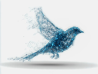 Abstract digital illustration of a bird formed by interconnected blue lines and glowing nodes symbolizing technology, connectivity, and innovation in flight