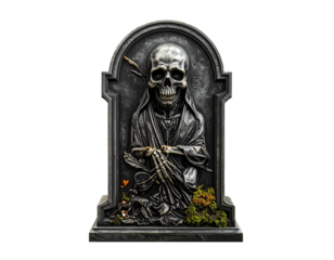 Halloween Gravestone with Skull and Climbing Vines Isolated on White Background