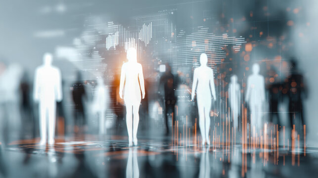 Abstract digital representation of diverse human figures surrounded by data visualization graphics symbolizing technology and analytics in a futuristic environment