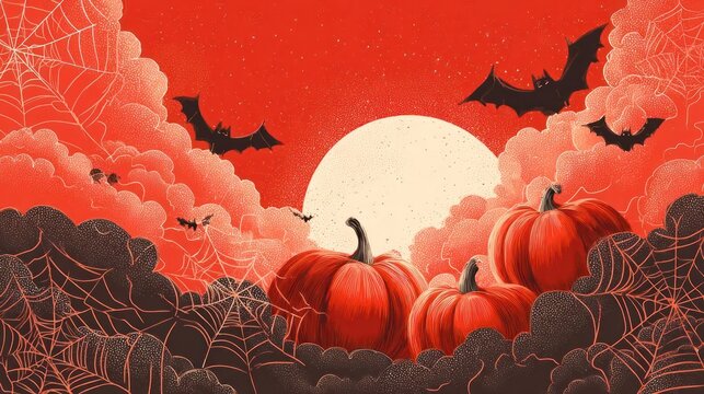 Spooky Halloween scene with glowing jack-o'-lanterns, haunted castle, bats, and full moon under orange night sky