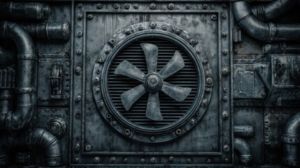 Obraz premium Industrial Fan and Piping System on Metallic Wall in Dark and Gritty Environment with Textured Surface Detail