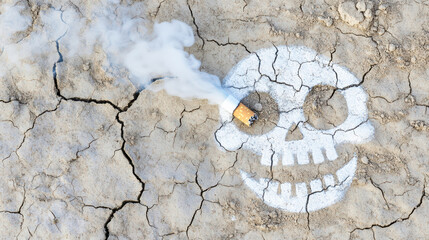 A cigarette butt smolders on cracked dry ground with smoke rising, placed over a painted skull, symbolizing the deadly consequences of smoking, health risks, and environmental harm.