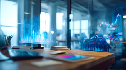 Modern financial analysis workspace with digital stock market data visualization