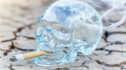 A glass skull with a lit cigarette in its mouth emits smoke over cracked dry ground, symbolizing the deadly impact of smoking, health risks, and environmental destruction.