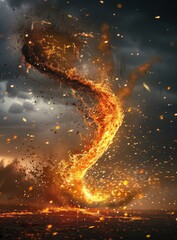 Fiery vortex of swirling flames against a stormy backdrop. Embers and sparks rain down from the intense heat