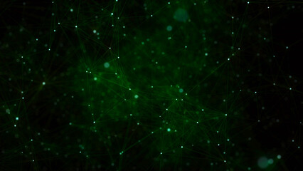 Network connection structure. Abstract green background with moving dots, lines and triangles. Futuristic illustration. Digital technology design. 3d rendering © estar 2020