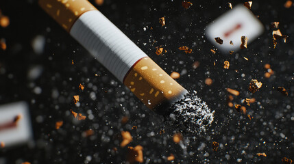 A burning cigarette scatters glowing ash and tobacco fragments in the air, symbolizing the destructive effects of smoking, addiction, and health hazards linked to tobacco use.