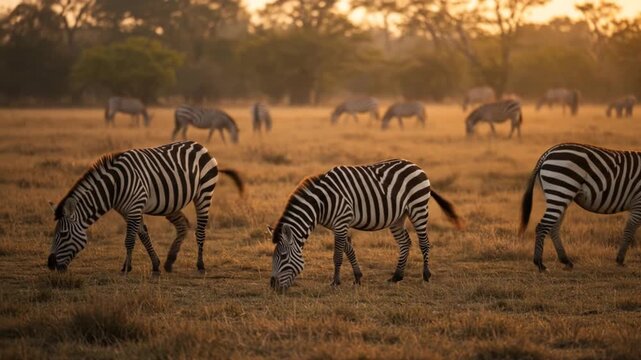 Zebras grazing in golden savanna sunlight