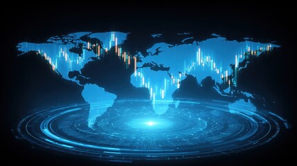 Modern Digital World Map with Financial Data Visualization and Currency Indicators in Blue and Black Background