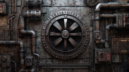 Industrial wall with metal fan and piping intricate design in a grunge style suitable for steampunk or mechanical themes