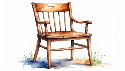 Watercolor Style Wooden Armchair with Stained Finish on White Background