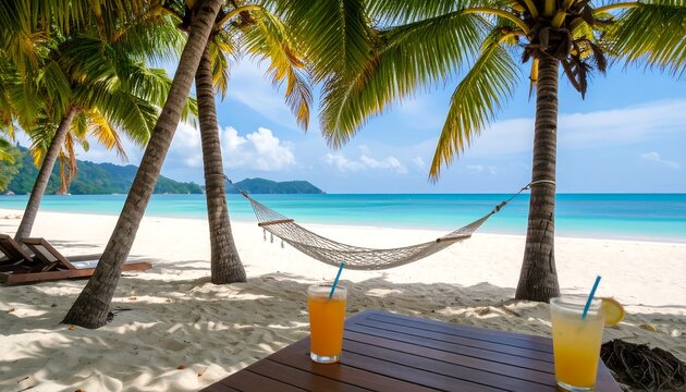 Tropical beach with hammock, palms, and drinks on table with ocean view under blue sky