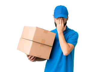 Delivery caucasian man over isolated chroma key background with tired and sick expression