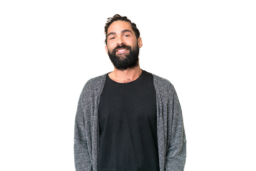 Young man with beard over isolated chroma key background laughing