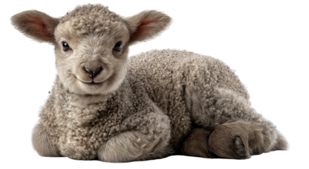 Adorable lamb lying down, soft fur, cute face