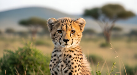 Precious Cheetah Cub: Young Speedster Portrait in African Savanna
