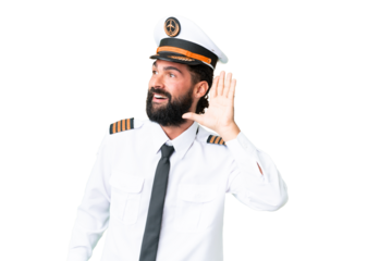 Airplane caucasian pilot man over isolated chroma key background listening to something by putting hand on the ear